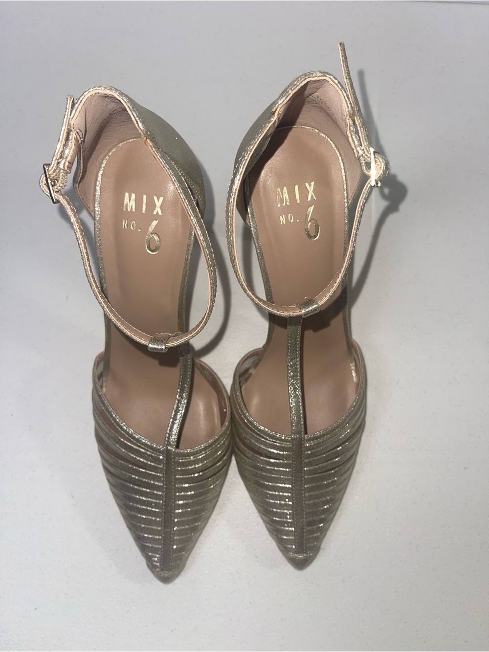 Mix No. 6 Metallic Gold T-Strap Pointed-Toe Heels
